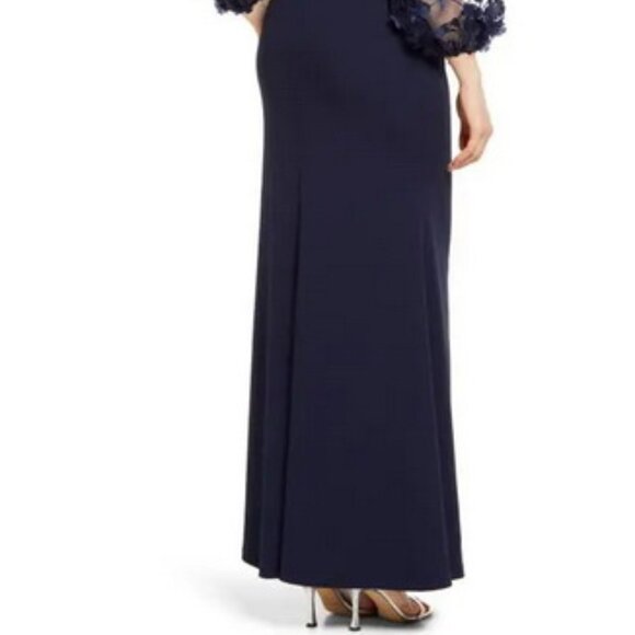 Eliza J Navy Blue Floral Applique Long Sleeve Trumpet Gown - Picture 4 of 6